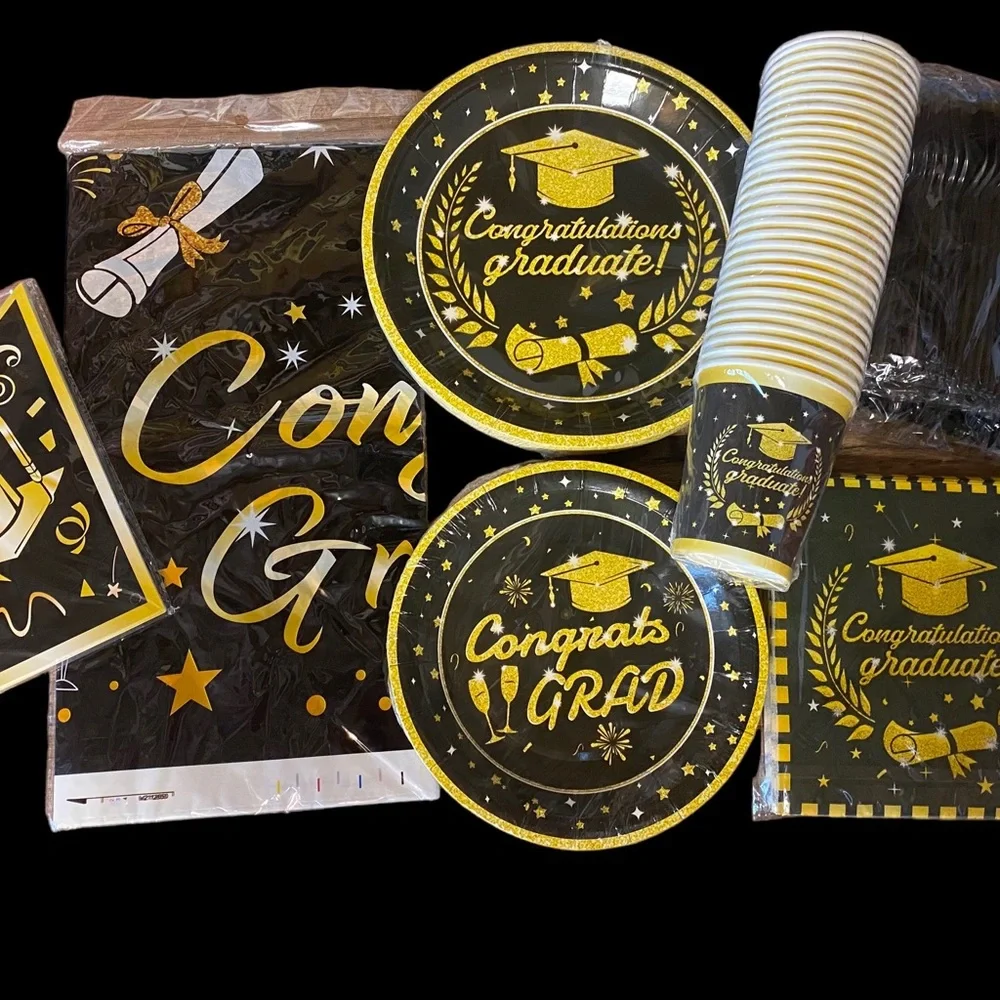 Graduation Party Disposable Tableware Set - Black and Gold